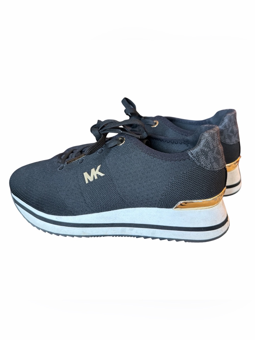Michael Kors Black Knit Platform Sneakers with Gold Accents